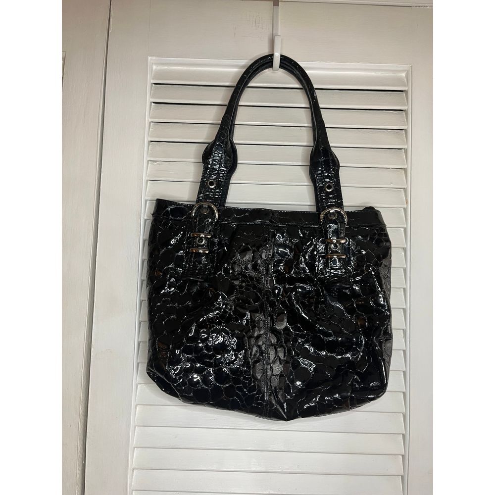 Stuart Weitzman Black Croc Embossed Tote Bag  Patent  Leather Buckle Detail
